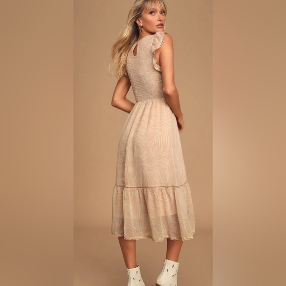 Lost+ Wander Pick Me Tan and White Print Midi Dress Size MEDIUM - Picture 2 of 5